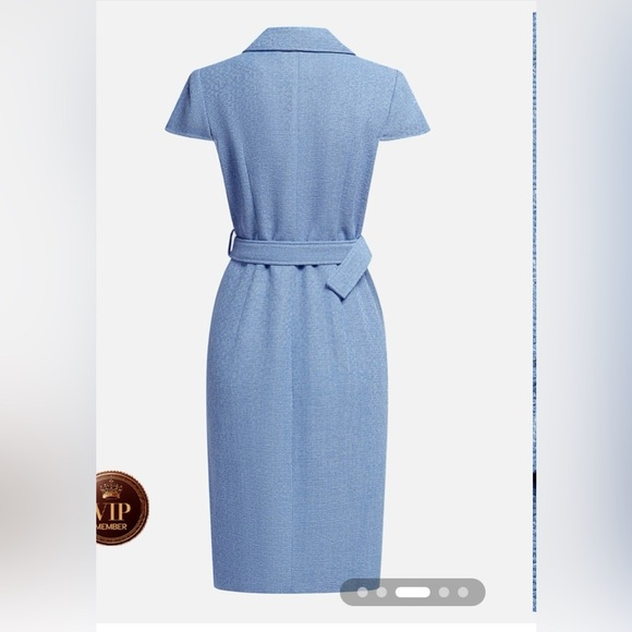 Fehaute Blue Sheath Wrap Midi Dress Crew Neck Work - Picture 3 of 4